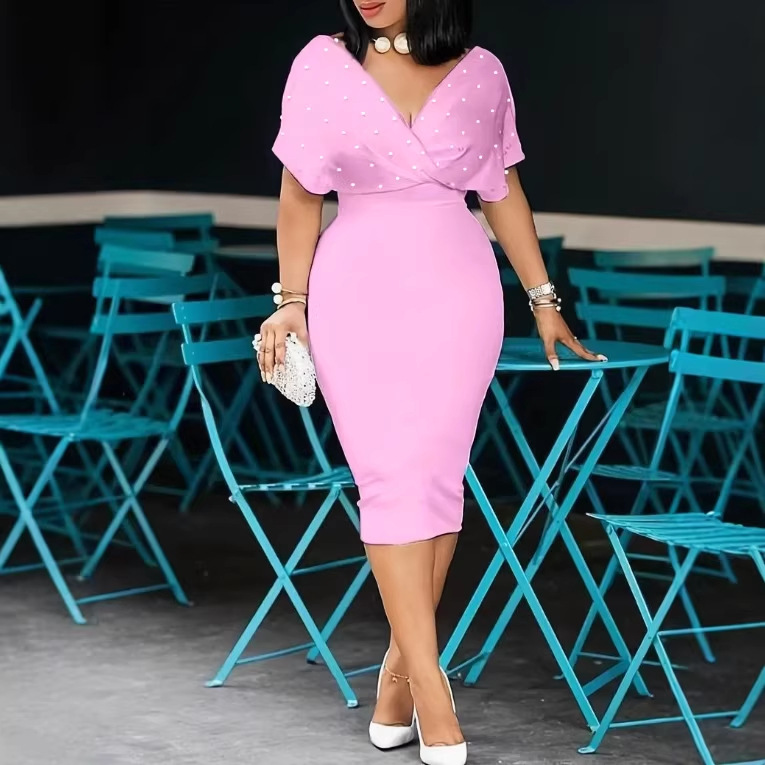 2026 Summer New Cross-Border European and American Fashion Sexy and Elegant Rhinestone Embellished Strapless V-Neck Short-Sleeve Bodycon Dress
