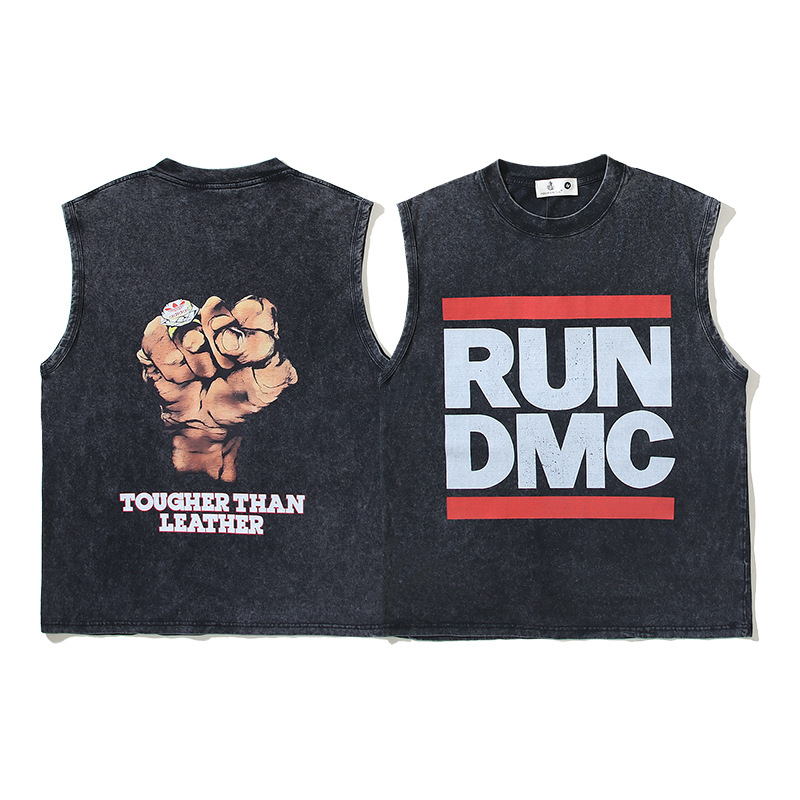 2024 American Rock Hip Hop Rap Sleeveless T-Shirt Fist Letter Printed Washed Vintage Dressed Waistcoat Tank Top