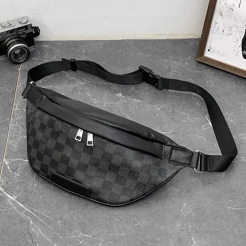 2025 new plaid fanny pack simple fashion men's chest bag men's sporting goods fitness bag Korean version of the fashion men's bag