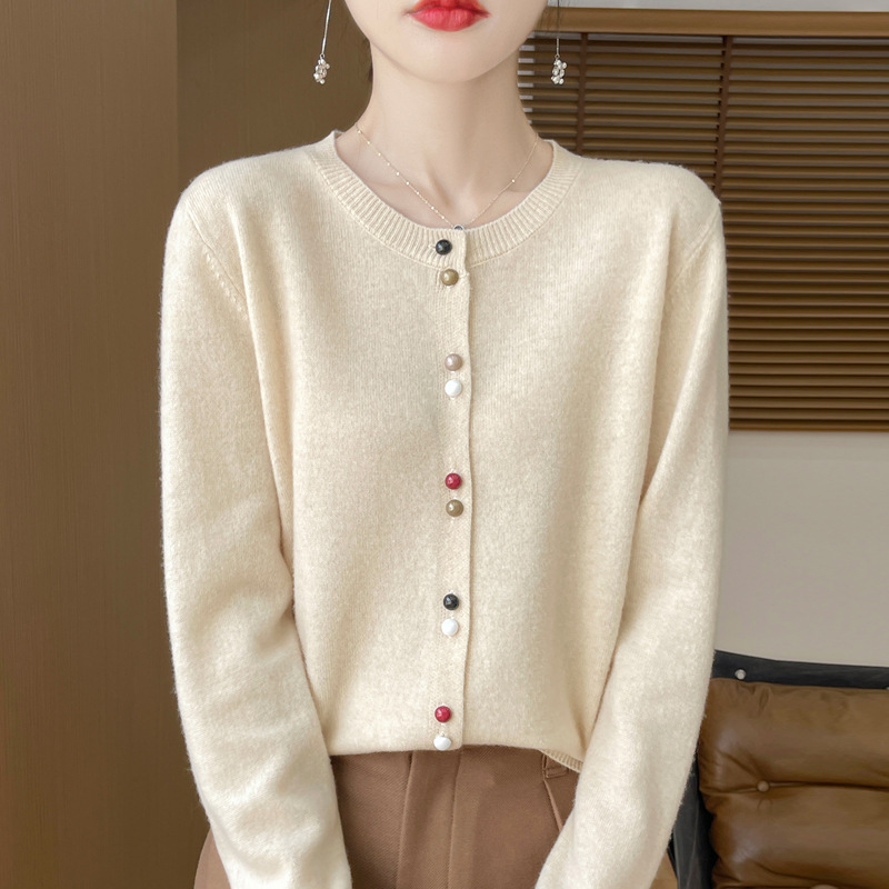 Korean-style Gentle Wool Blended Knitwear Cardigan Women's Spring and Autumn Sweater Coat Inner Round Neck Top Loose Outer Wear