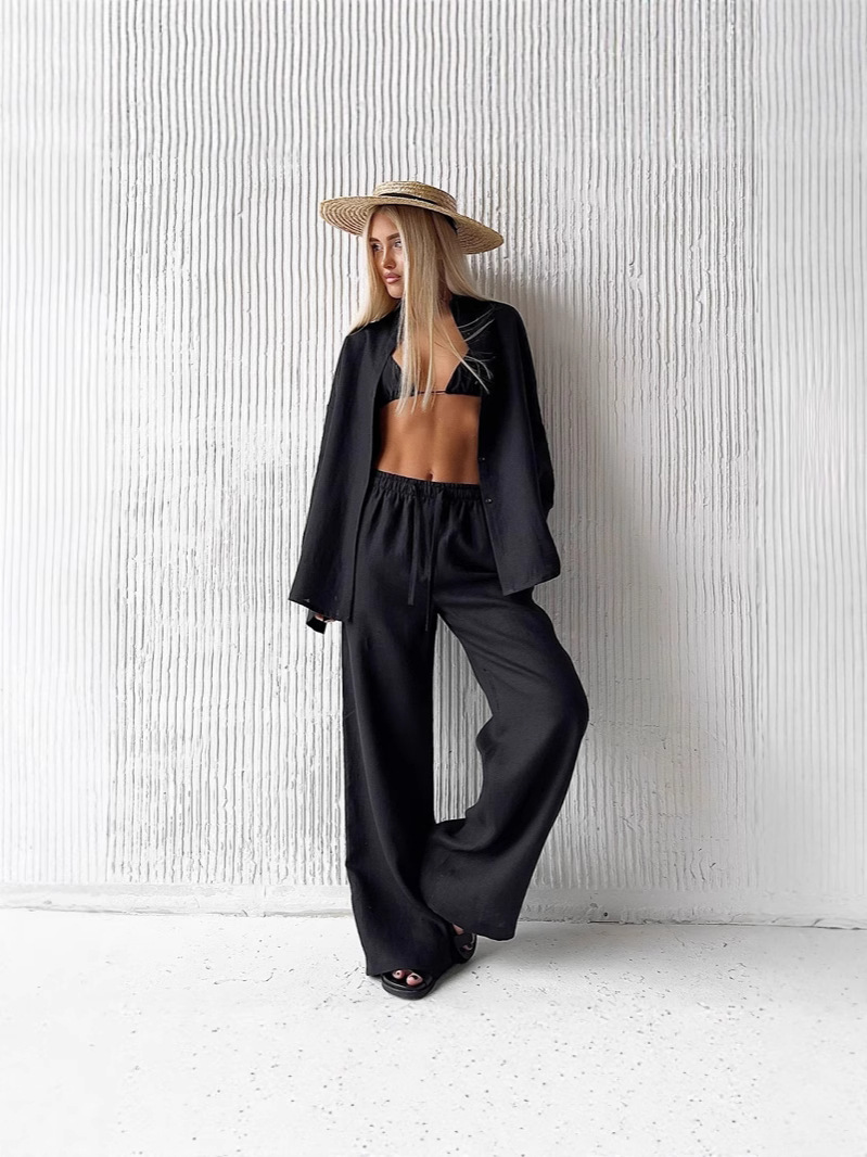 Cross-Border Cotton and Linen Shirt and Pants Set, European and American Style, New Spring and Summer Loose Long-Sleeve Fashion Casual Women's Outfit