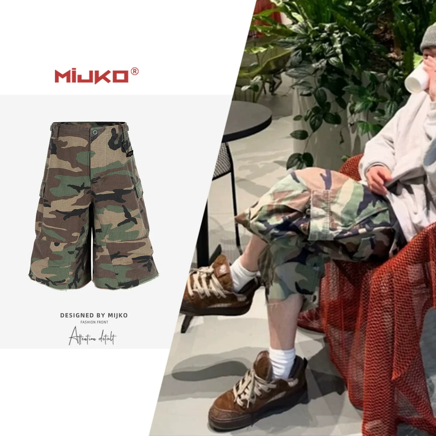 American style street casual pants for spring and summer, men's and women's M65 silhouette camouflage cargo loose workwear seven quarter shorts