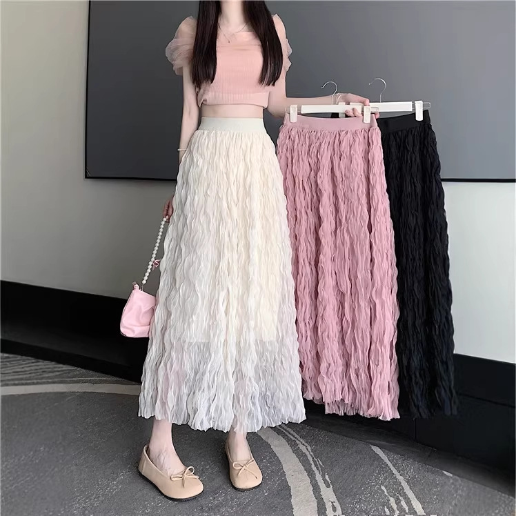 Gentle and Ethereal Pleated Mesh Skirt 2026 Spring/Summer New High-Waisted Slimming Mid-Length Tulle Skirt Long Skirt