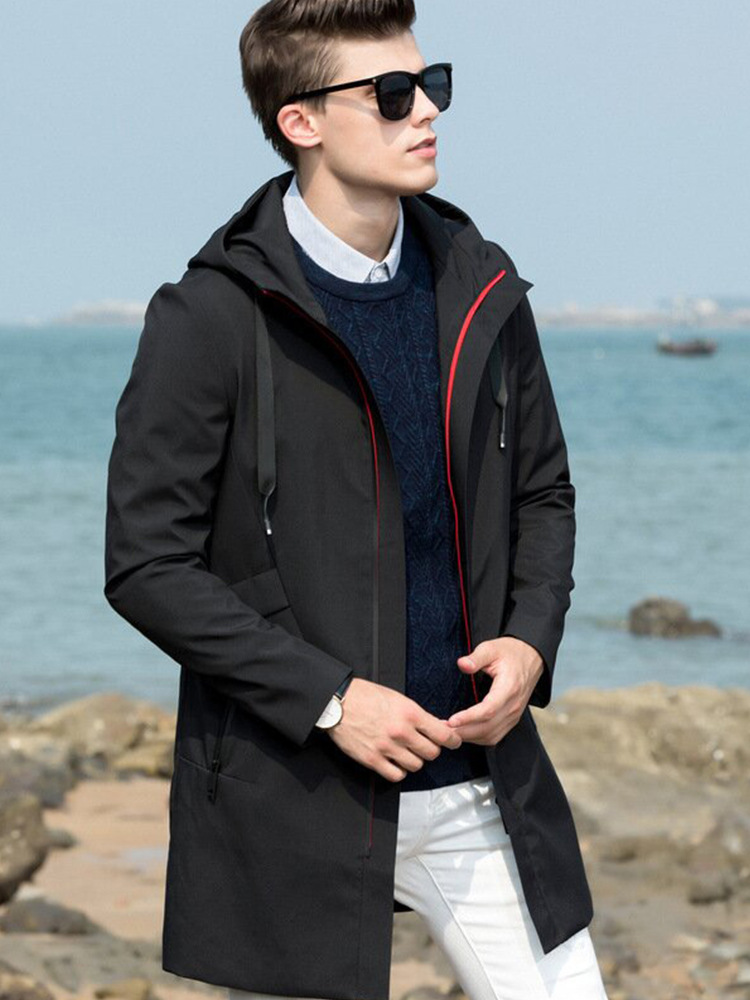 Withdrawal Spring and Autumn Men's Windbreaker New Hooded Casual Jacket Men's Black Mid-length Youth Jacket 18Q003