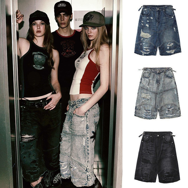 Badblood Bcac Series Retro Ripped Jeans for Women, Street Casual Niche Washed Wide-Leg Cropped Pants