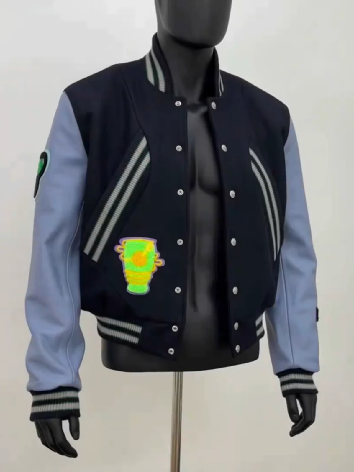American Style Vintage Blue Leather Sleeve Stitching Baseball Suit Spring and Autumn High Street KIKO Embroidered Woolen Short Jacket Baseball Suit