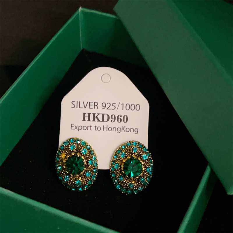Light Luxury Style Green Heavy Industry Gemstone Earrings, Medieval French Geometric Colored Gemstone Earrings, High-End Ear Jewelry Wholesale