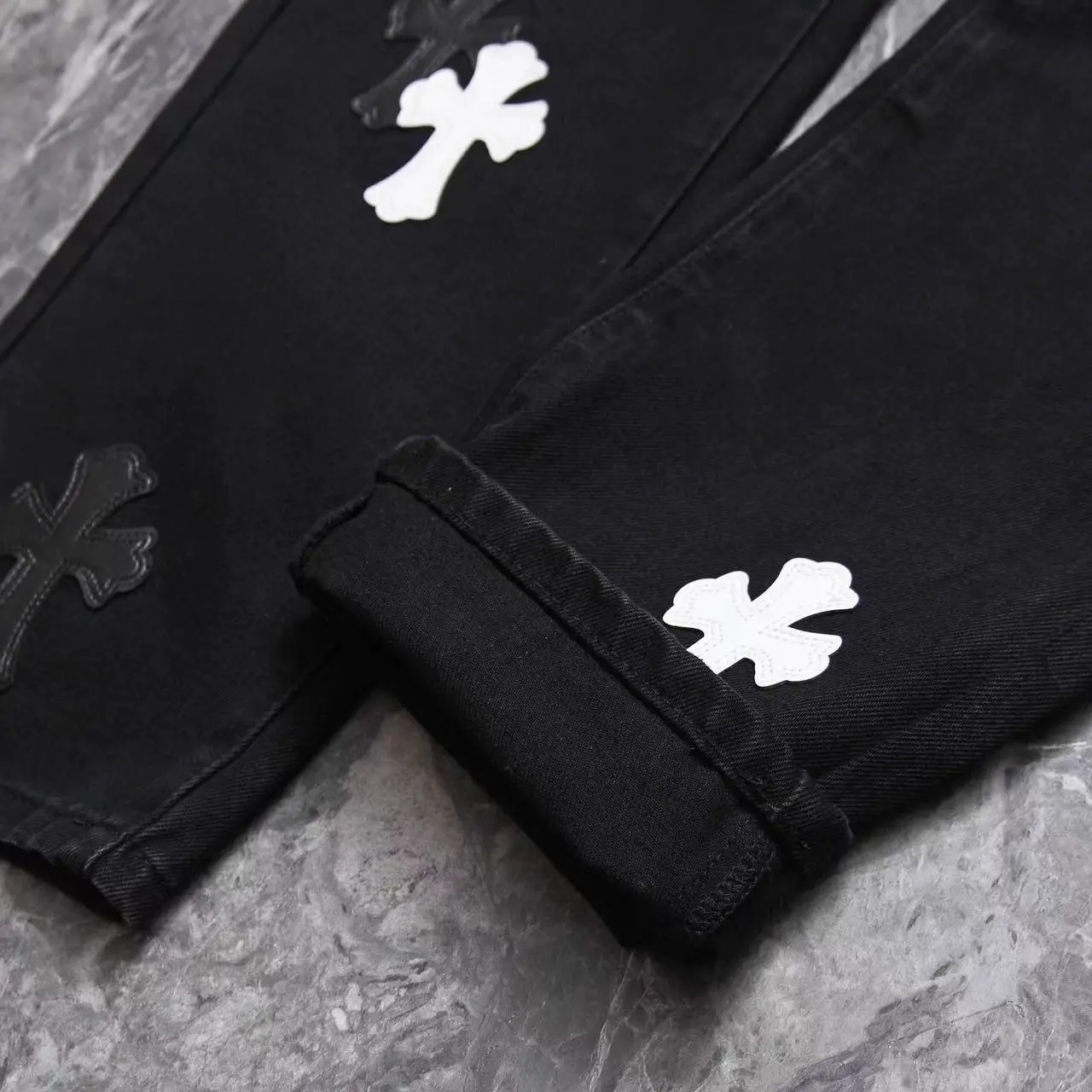 25 Retro Trendy Brand Black and White Cross Patchwork Leather Minimalist Denim pants Casual Pants Sweatpants Unisex