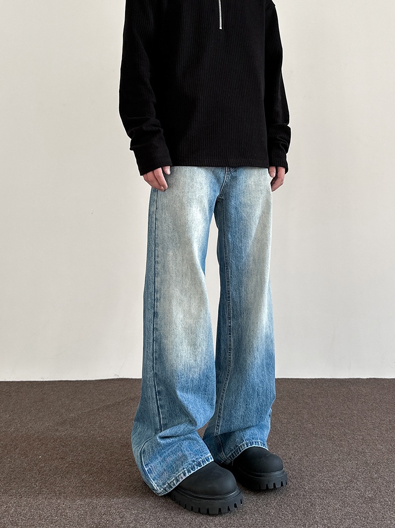 Spring New American high street vibe style washed distressed jeans men's and women's cleanfit loose straight pants