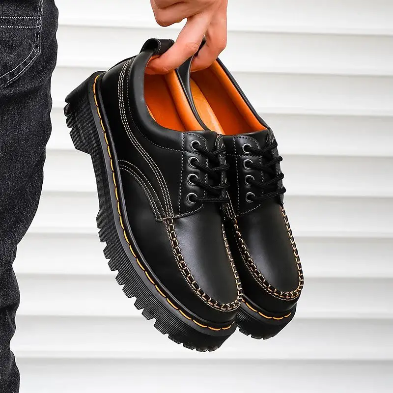 Thick soled small leather shoes for couples, low cut double line black and white casual students, sponge bottom short boots, casual trend Martin boots for men