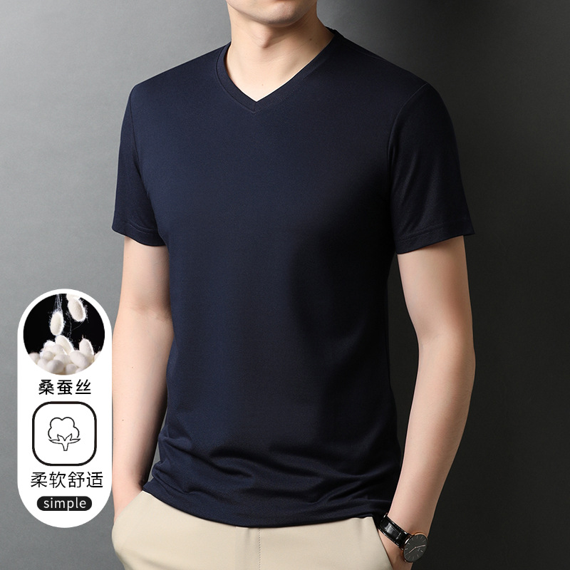 Mulberry Silk Short-sleeved T-shirt Men's V-neck Solid Color Top 2024 New Summer Breathable Casual Trendy T-shirt Thin