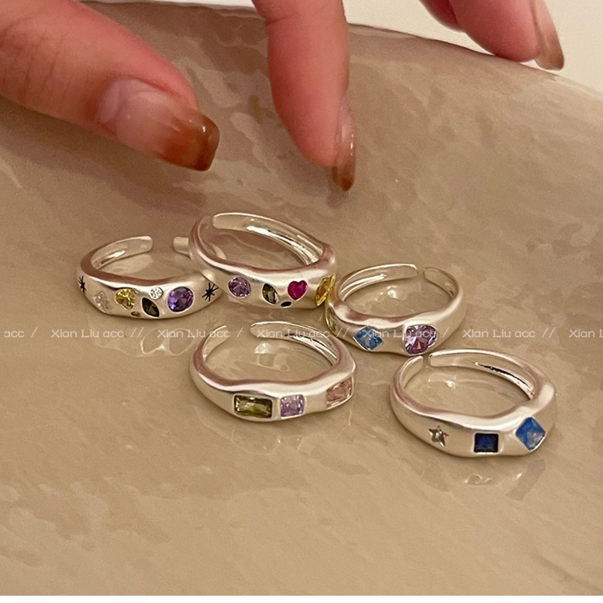 Summer Colorful Zircon Heart Ring Wholesale Light Luxury Niche Design Fashion Adjustable Metal Ring for Women