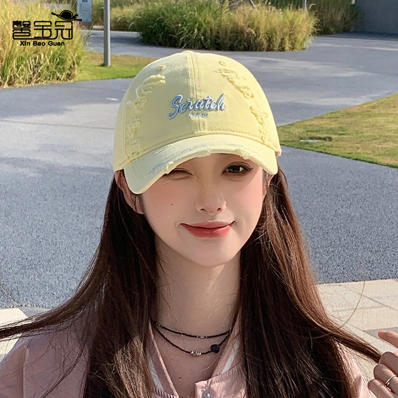Summer Sun Protection Sun Hat for Women, Korean Style Casual Personality Ripped Letter Baseball Cap, Versatile Face-Slimming Duckbill Cap