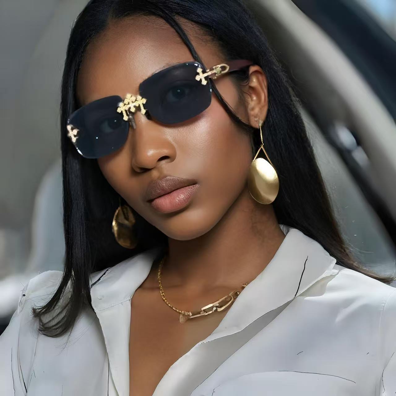 Cross-Border Fashion Rimless Cut-Edge Sunglasses Square Frame High-End Lace Diamond Lens Fashion Outdoor Street Photography Glasses
