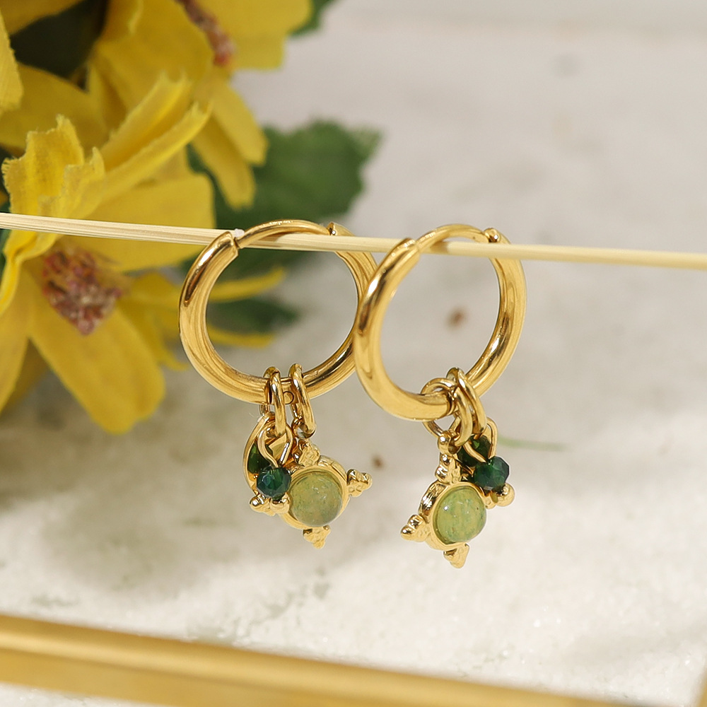 Cross-Border Ins Style Aventurine Natural Stone Pendant Earrings 18K Gold-Plated Non-Fading High-End Earrings Versatile Earrings