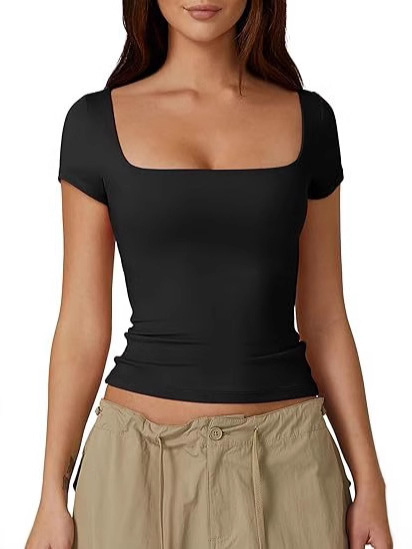 Amazon Cross-border European and American Top Women's Slim-fit Slimming Navel Solid Color Square Collar Base Shirt Gentle Short-sleeved Square Collar