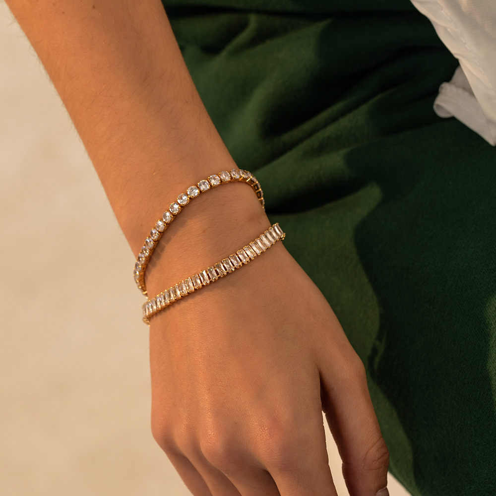Stainless Steel 18K Gold Micro-Paved Square Zircon Tennis Bracelet Simple Adjustable Jewelry Buckle European and American Cross-Border Hand Jewelry