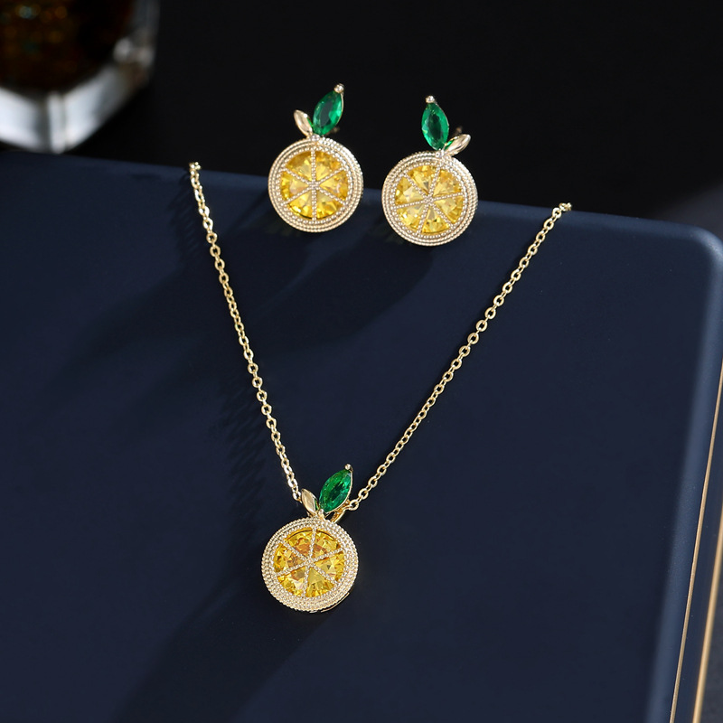 Summer New Jewelry Set Super Fairy Sweet Elegant Girl's Heart Fresh Fruit Lemon Clavicle Chain Necklace Earrings