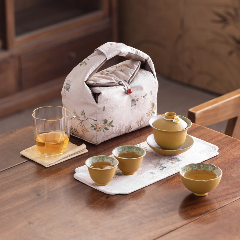 Burnt Yellow Raw Clay Pottery Lemon Yellow Hand-Painted Osmanthus Outdoor Travel Tea Set with Gaiwan and Two Cups, Gift Tea Drinking Set with Gaiwan