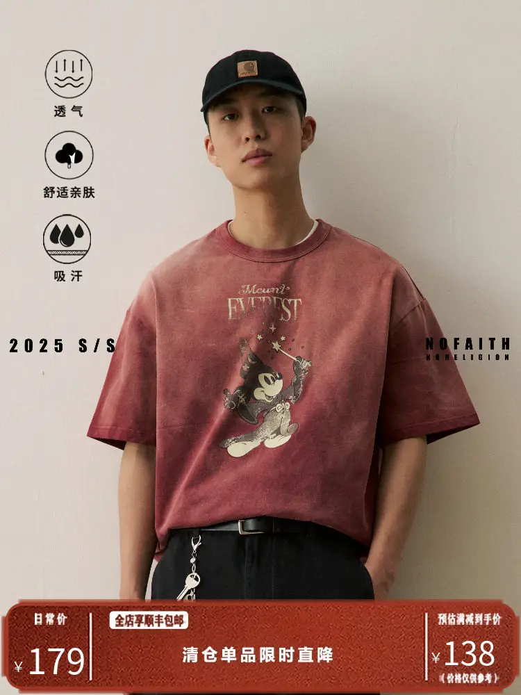NOFAITH washed vintage Mickey Mouse short sleeved T-shirt for men in summer, made of pure cotton and loose base, suitable for couples and trendy fashion
