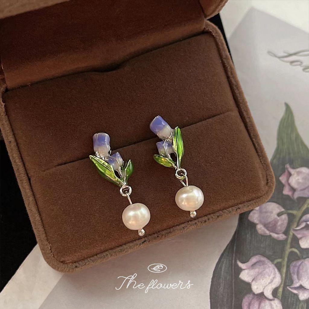 Forest-Style Super Fairy-Like~ Freshwater Pearl with Purple Enamel and Silver-Plated Tulip Stud Earrings, Handmade Earrings