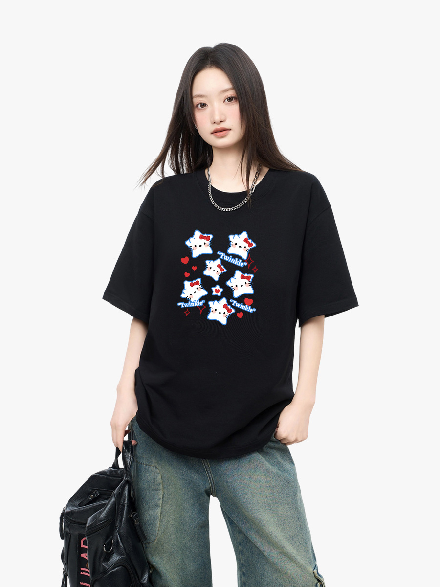 230g American Trendy Brand Star Cat Print T-Shirt Round Neck Loose Short-Sleeved Men's and Women's Casual Loose Couple Tops
