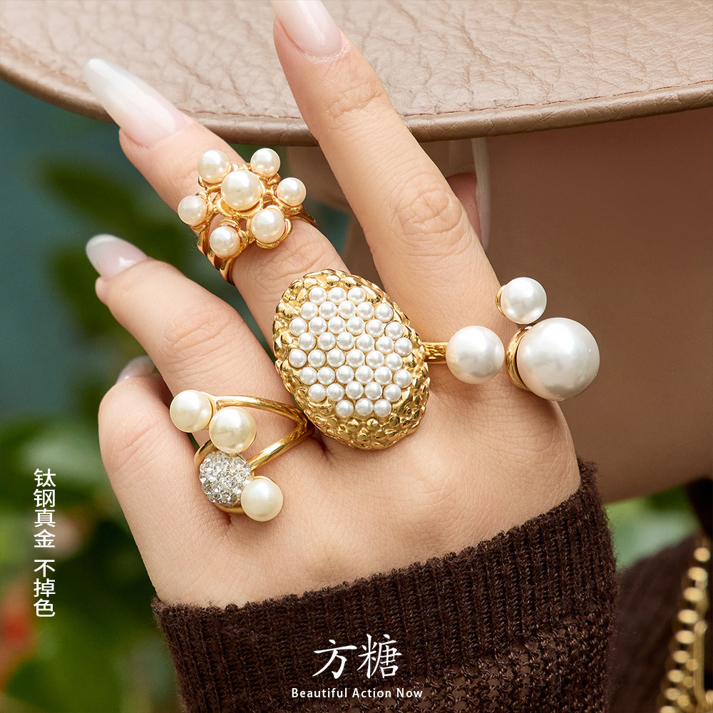 Mudstone Imitation Pearl Geometric Design Ring Stainless Steel Gold-Plated Vintage Style Personality Index Finger Ring Set