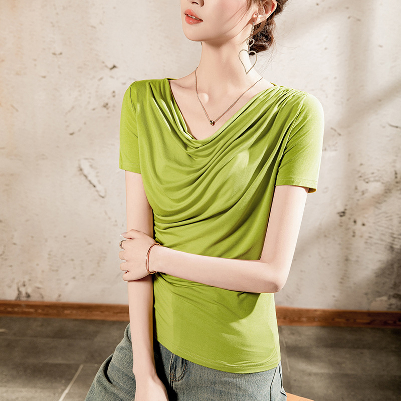 Women's Short-Sleeve T-Shirt with Pleated Chest and Swing Collar, Summer 2025 New Style, Slimming V-Neck, Solid Color Versatile Top