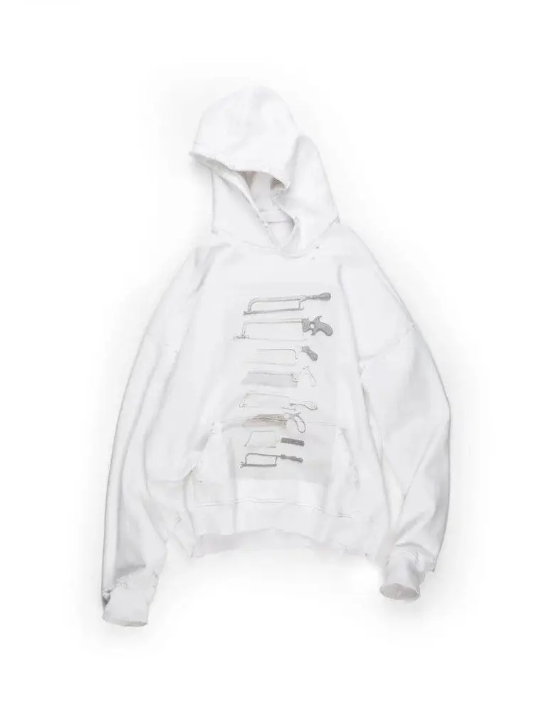ALEXANDER DIGENOVA white distressed saw graphic hooded sweatshirt