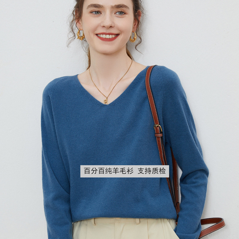 First-line sweater women's 100 wool bottoming shirt V-neck knitted loose cashmere sweater slimming top autumn and winter