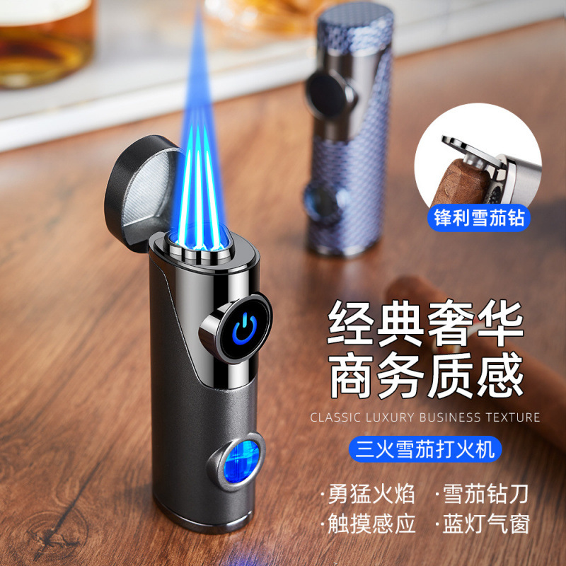 High-Looking Three-Straight Cigar Lighter, Creative Blue Lamp Air Window with Drilled Cigarette Lighter, Portable Household Lighter