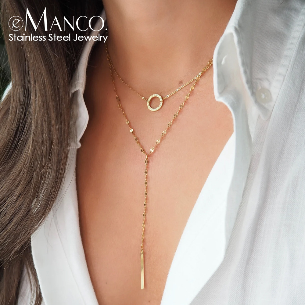eManco Double Layer Stacked Stainless Steel Necklace Women's Temperament Geometric Pendant Clavicle Chain European and American Fashion Necklace Chain