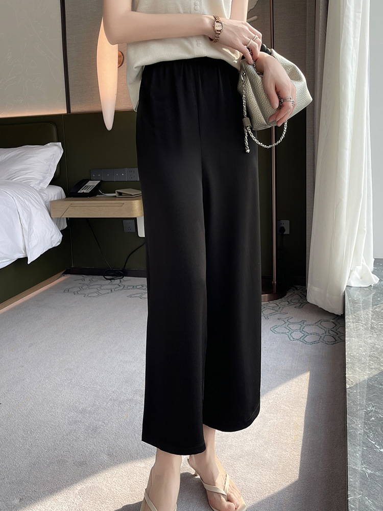 2026 Spring and Summer New Acetate Satin Casual Pants for Women, Elastic Waist, Drapey, Cool, Loose-Fitting, Cropped Wide-Leg Pants