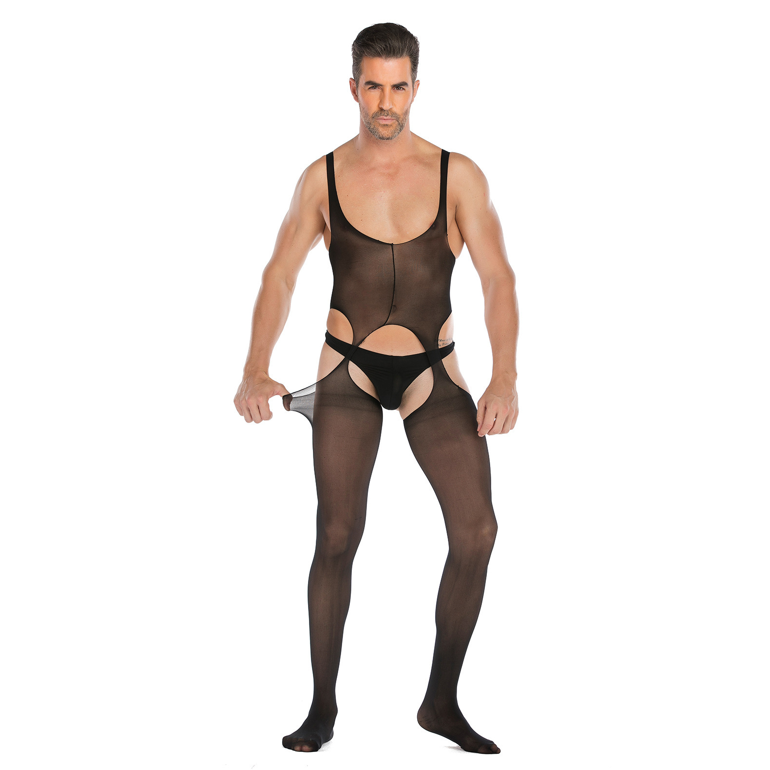 Amazon Men's Sexy Underwear Solid Color Sleeveless Vest Silk Stockings Sexy Open-range Mesh One-piece Socks
