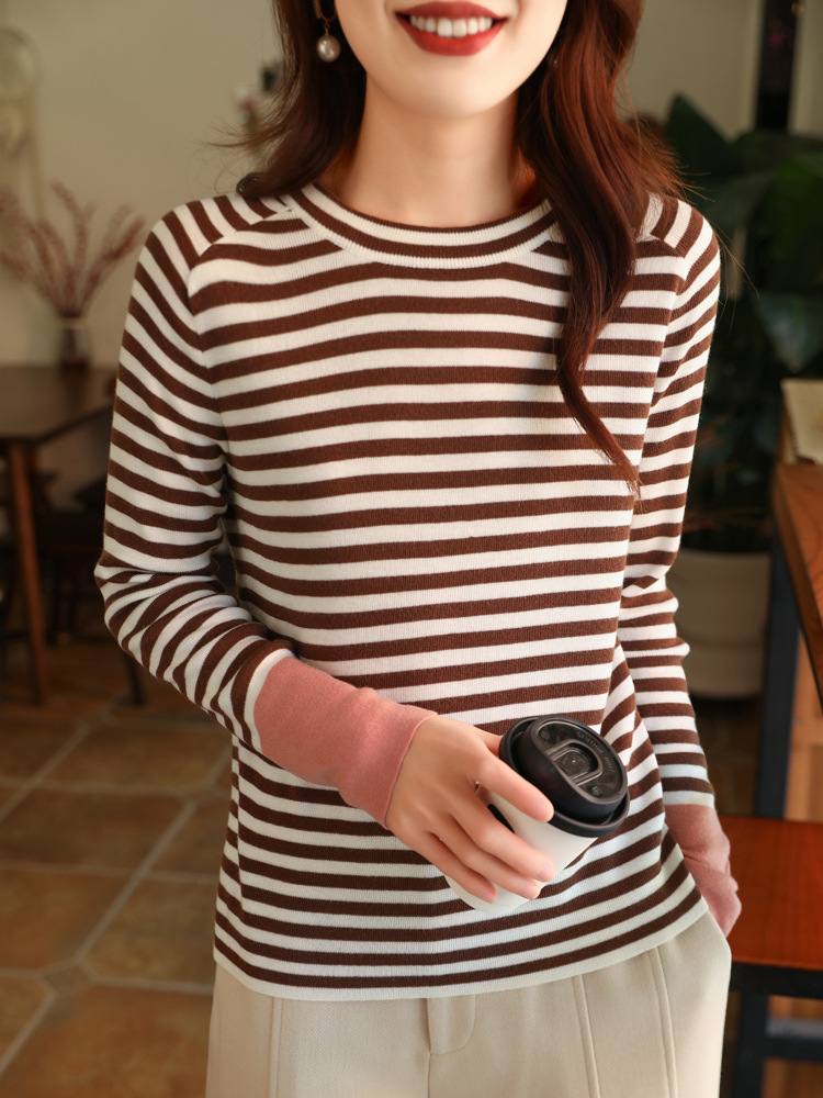 Fashion Stripe Stitching Contrast Color Round Neck Long Sleeve Knitwear Raglan Sleeve Design Slim Look Autumn and Winter Inner Base Shirt Women