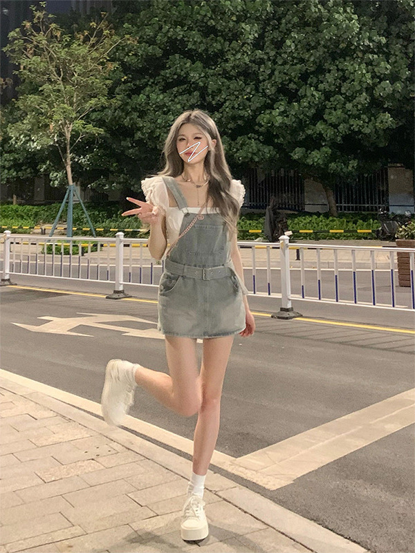 Spicy Halo Hong Kong Style Youthful Denim Suspender Skirt Pants for Women, Summer Petite Outfit, Bodycon Suspender Skirt