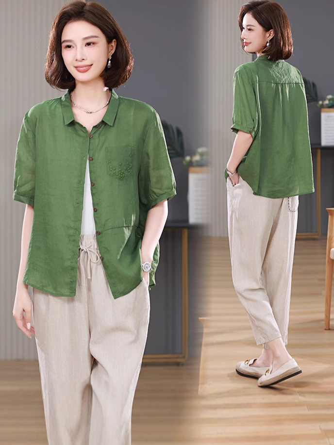 Middle-aged Mom Cotton Linen suit Women's Summer Thin 50-year-old Loose Slimming Fashionable Age-reducing Shirt and Pants Two-piece Set