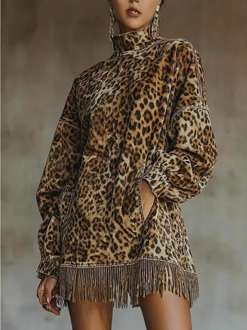 2025 New European and American Cross-Border Independent Site High-Neck Suede Retro Loose Pocket Tassel Long-Sleeve Dress