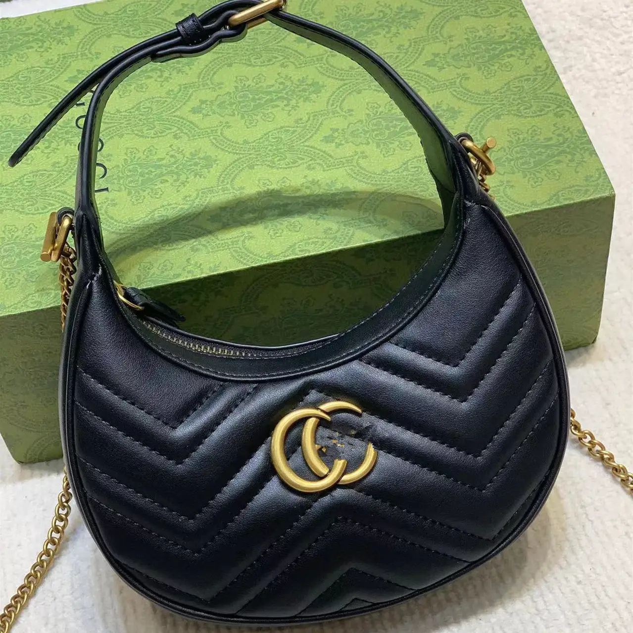 European and American Retro G Family Old Flower Half Moon Bag Portable Shoulder Bag Chain Bag Fashionable Underarm Women's Bag