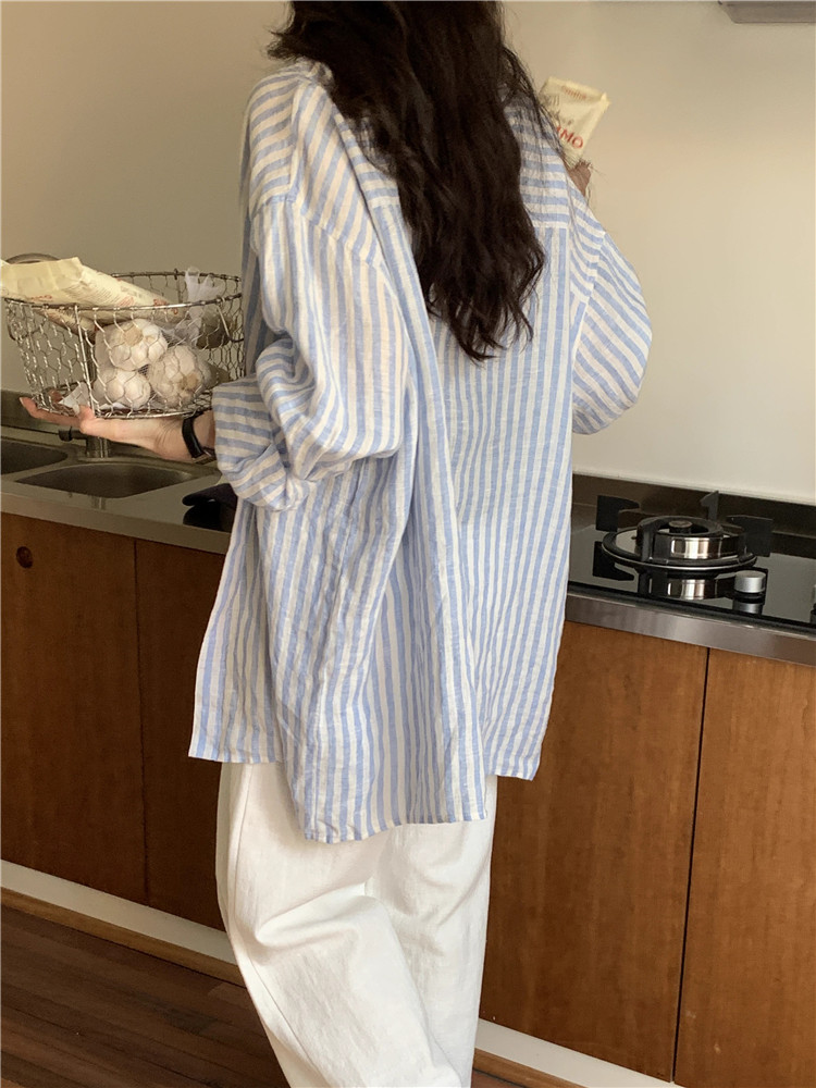 Striped Shirt for Women, Long-Sleeved, Loose, Thin, Relaxed Linen Shirt, Sun-Protective, Lazy Style, Cotton and Linen Outerwear for Summer