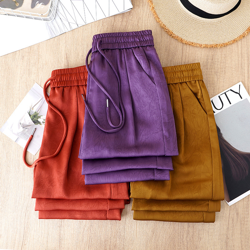 Elastic Waist Thin Ice Silk Satin Wide Leg Pants for Women 2025 Summer New High Waist Loose Draped Casual Straight Pants