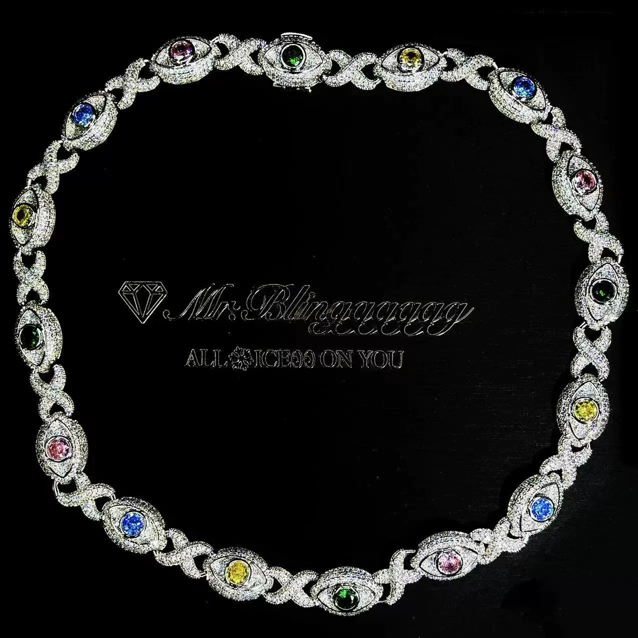 Mr. Blingggggg European and American Hip Hop Jewelry 14mm Full Diamond Mobius Eye Color Diamond Cuban Chain
