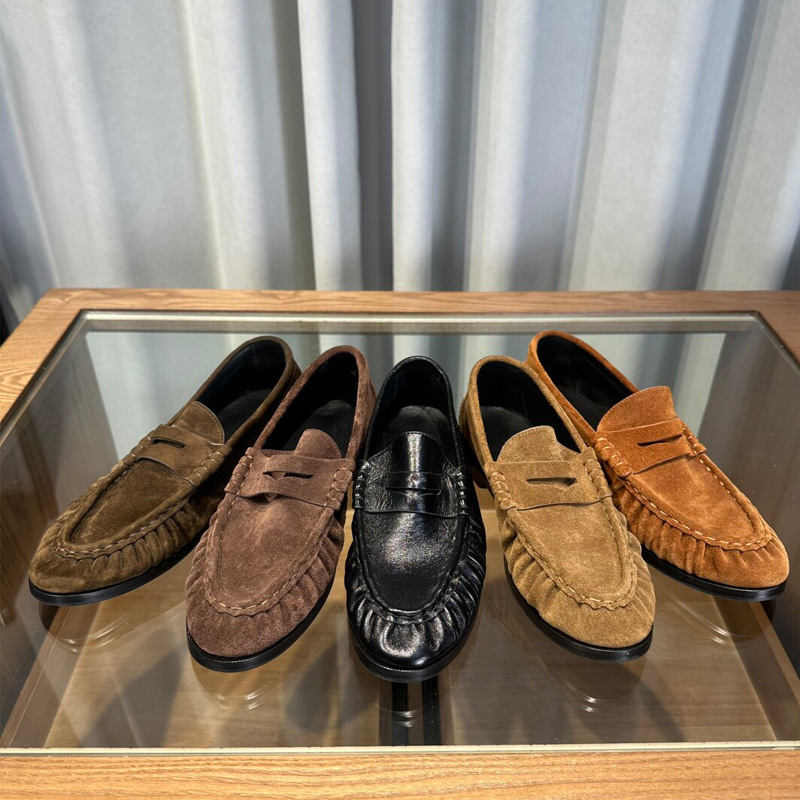 Cow Suede~Pleated Slip-On Loafers for Women, Old Money Style, Flat British Leather Shoes, Round-Toe Single Shoes, Export Shoes