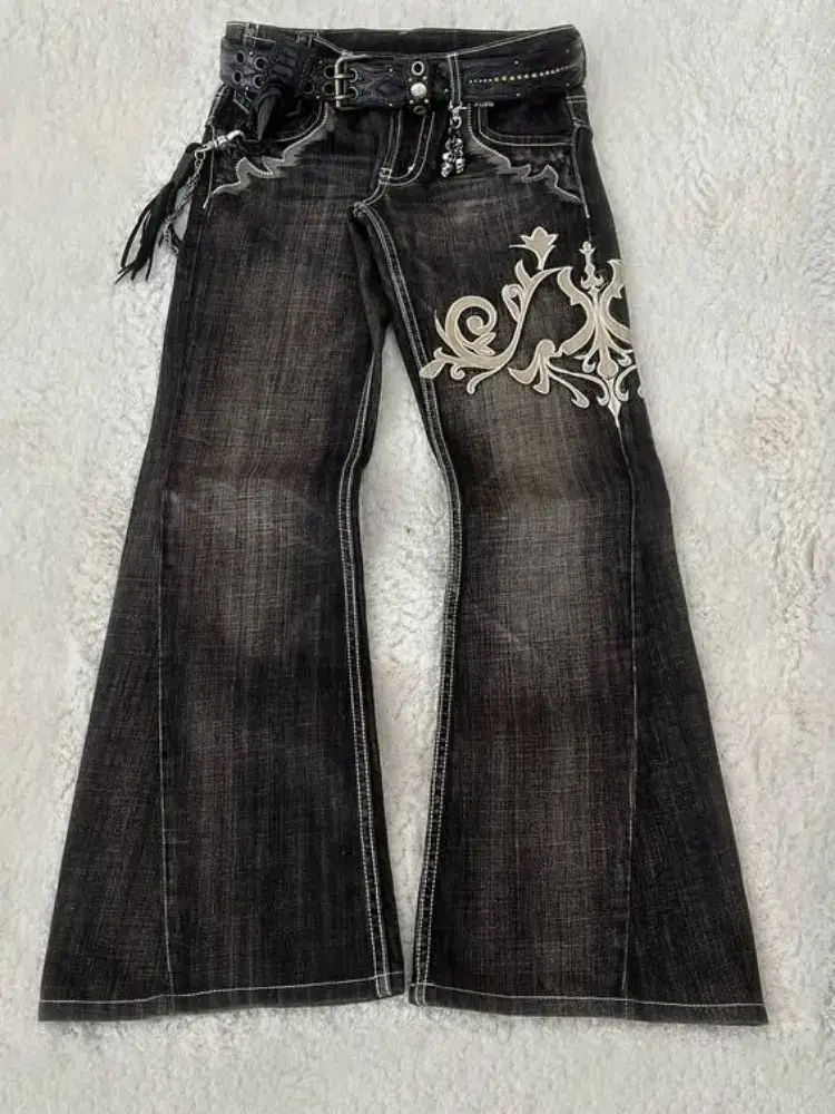 Cross-Border Trendy American Retro Y2K Tribal Style Patchwork Embroidered Washed Denim Jeans Casual Long Pants Flared Pants