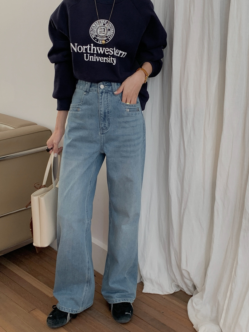 GAGD Anti-Season light blue fleece-lined Straight Jeans Women's Design Sense Narrow Slim Flocking Small Jeans
