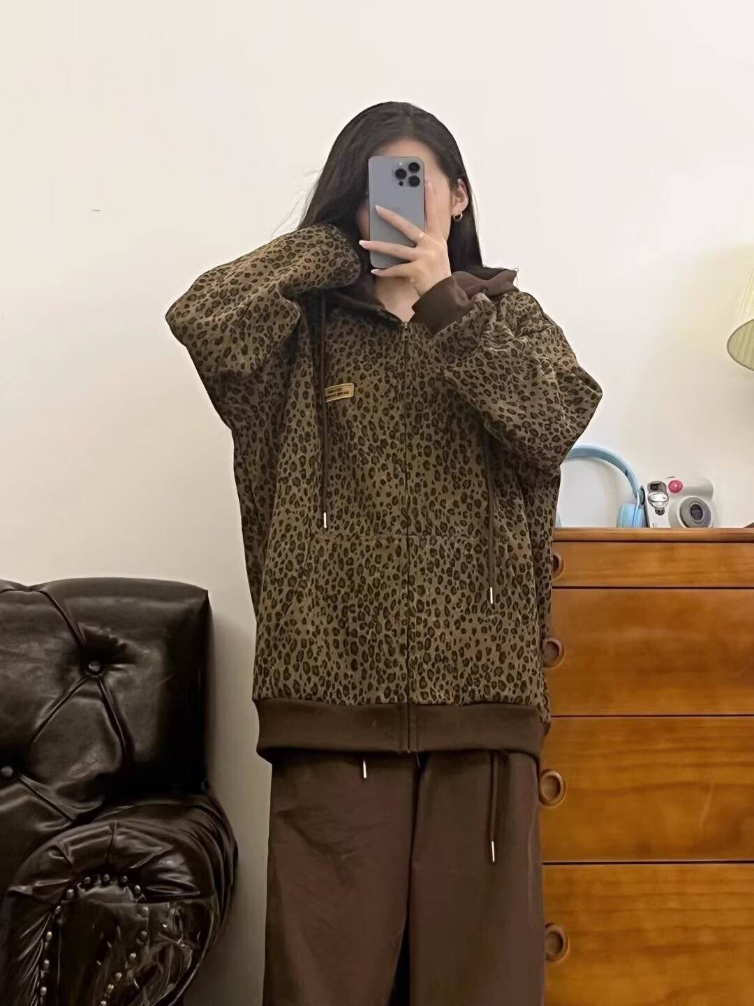 American Style Hoodie Retro Leopard Print Hooded Zipper Sweatshirt for Men and Women Spring & Fall Loose Casual Lazy Style Couple Jacket