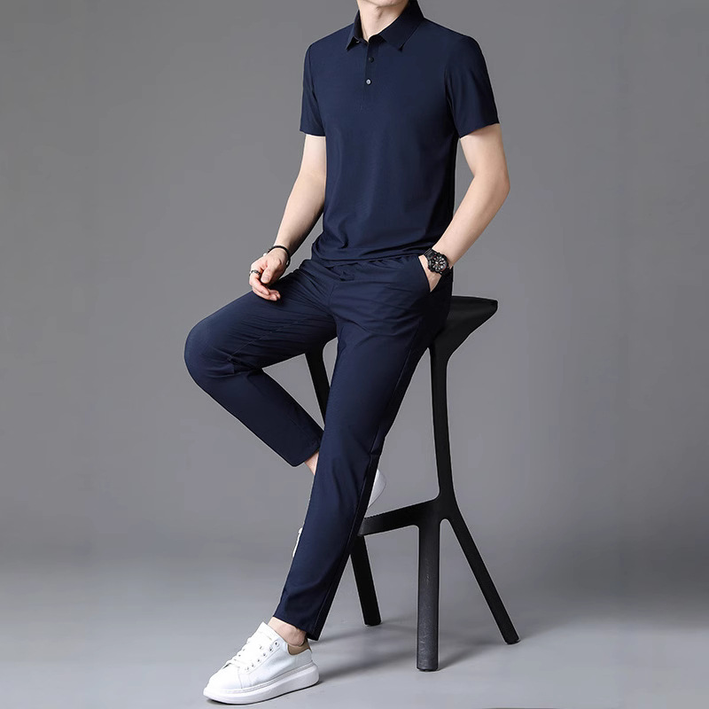 Cooling Ice Silk Seamless Short-Sleeve Two-Piece Set Summer Men's Thin T-Shirt Casual Elastic Waist Long Pants Dad Outfit