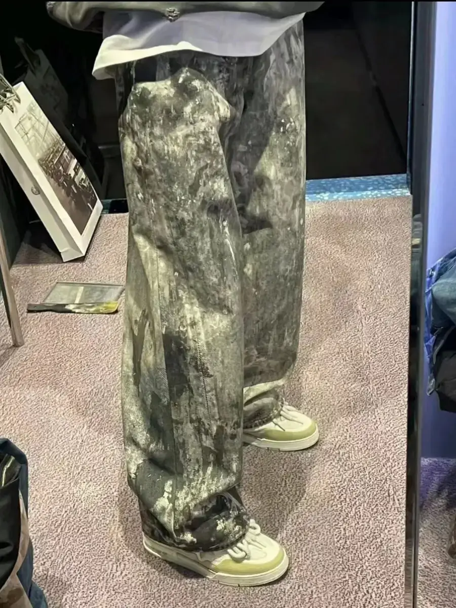 Ac Style 24SS New arrival 3D Digital Print Camouflage Splashed Ink Distressed Loose Wide Leg Denim pants Unisex