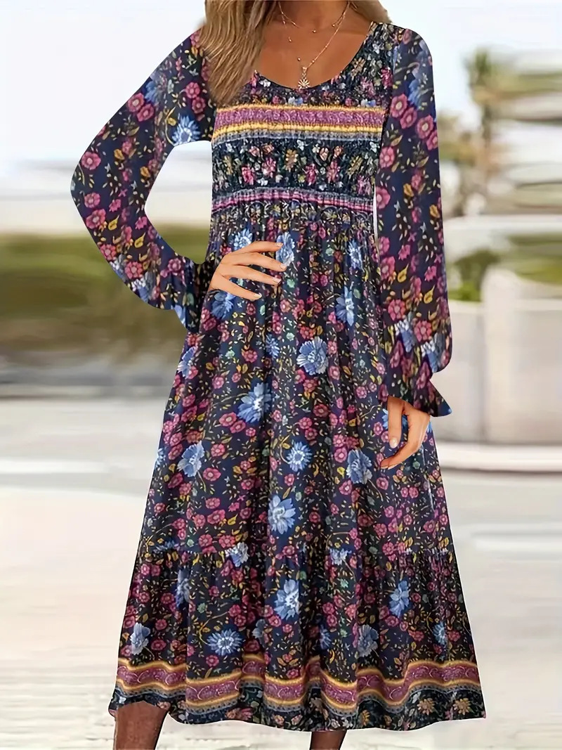2024 new women's Amazon spring printed dress round neck pullover long sleeve temperament commuter A- line skirt