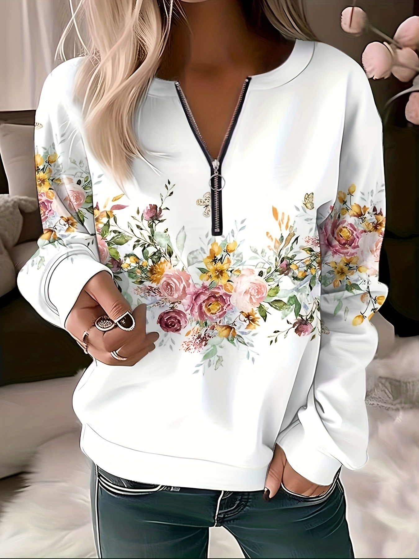 2023 autumn and winter New sweater Amazon half-open zipper shirt loose long sleeve printed sweater women's top